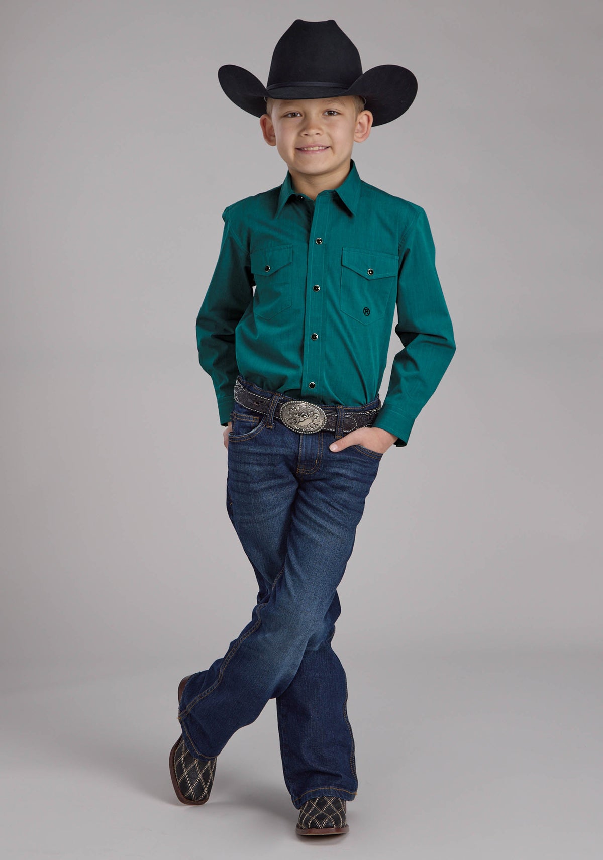 Boys Black Fill Solid Poplin - Teal Long Sleeve Snap Western Shirt