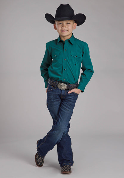 Boys Black Fill Solid Poplin - Teal Long Sleeve Snap Western Shirt