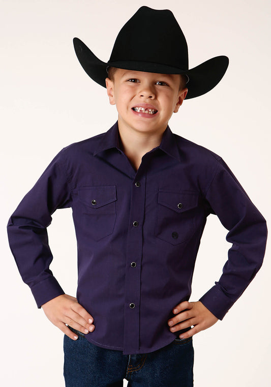 Boys Long Sleeve Snap Solid Black Fill  Purple Western Shirt