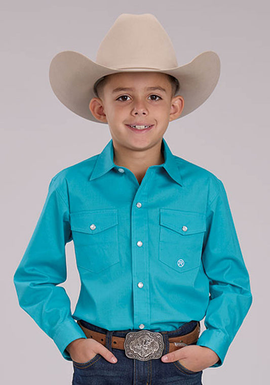 Boys Solid Stretch Poplin - Turquoise Long Sleeve Snap Western Shirt