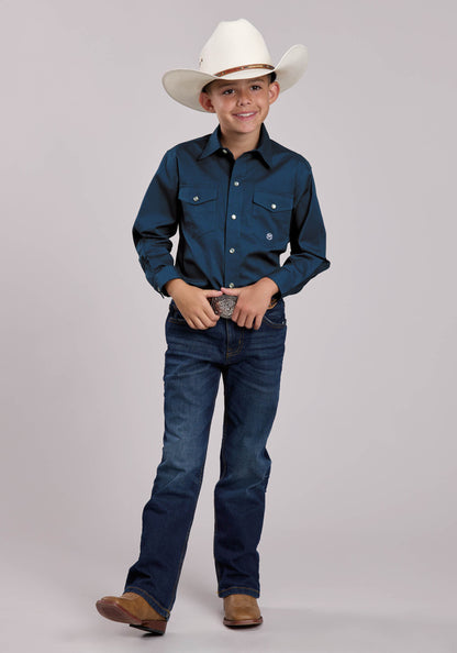 Boys Roper Solid Stretch Poplin Navy Long Sleeve Snap Shirt
