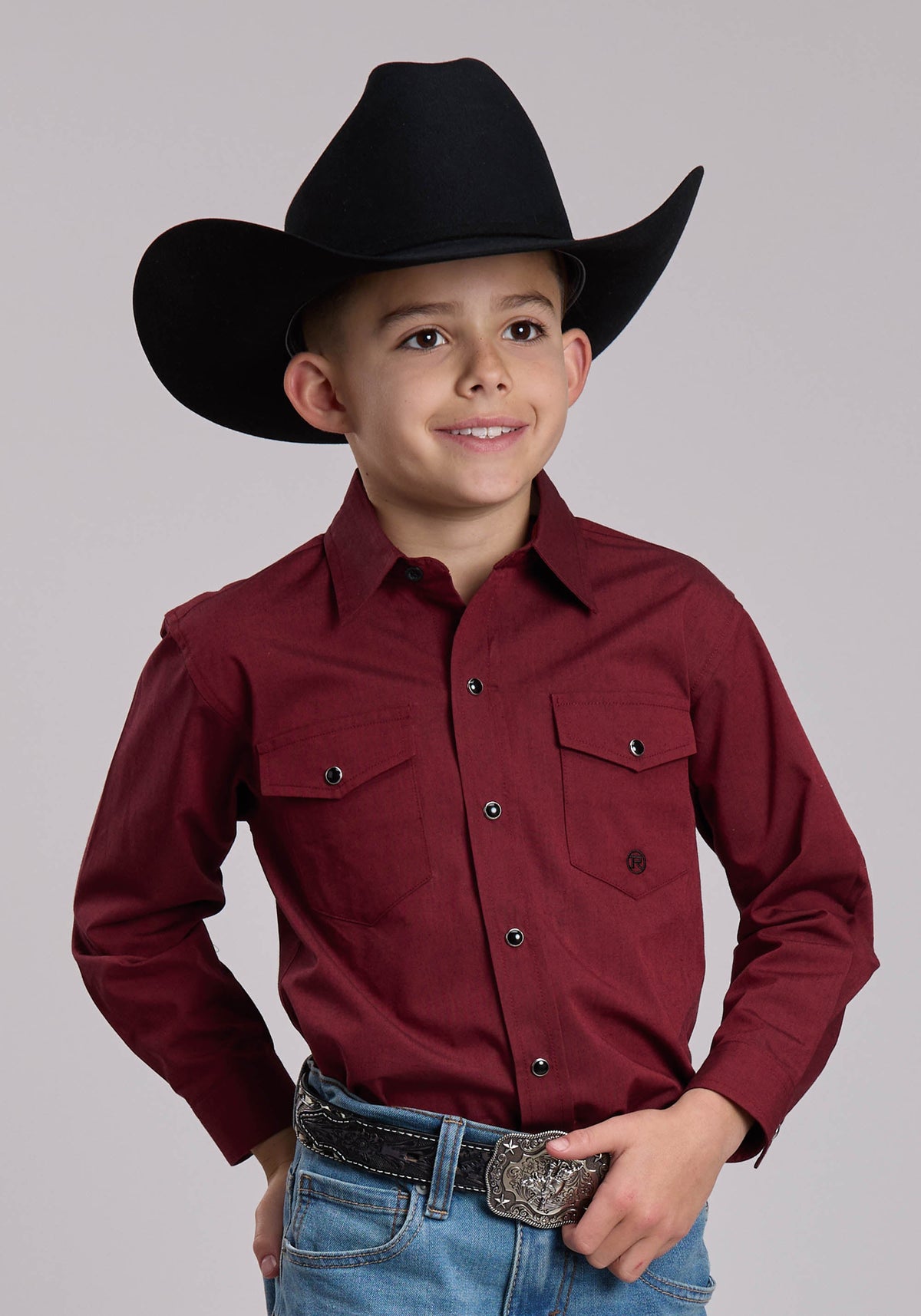 Boys Roper Solid Black Fill And Red Western Snap Shirt