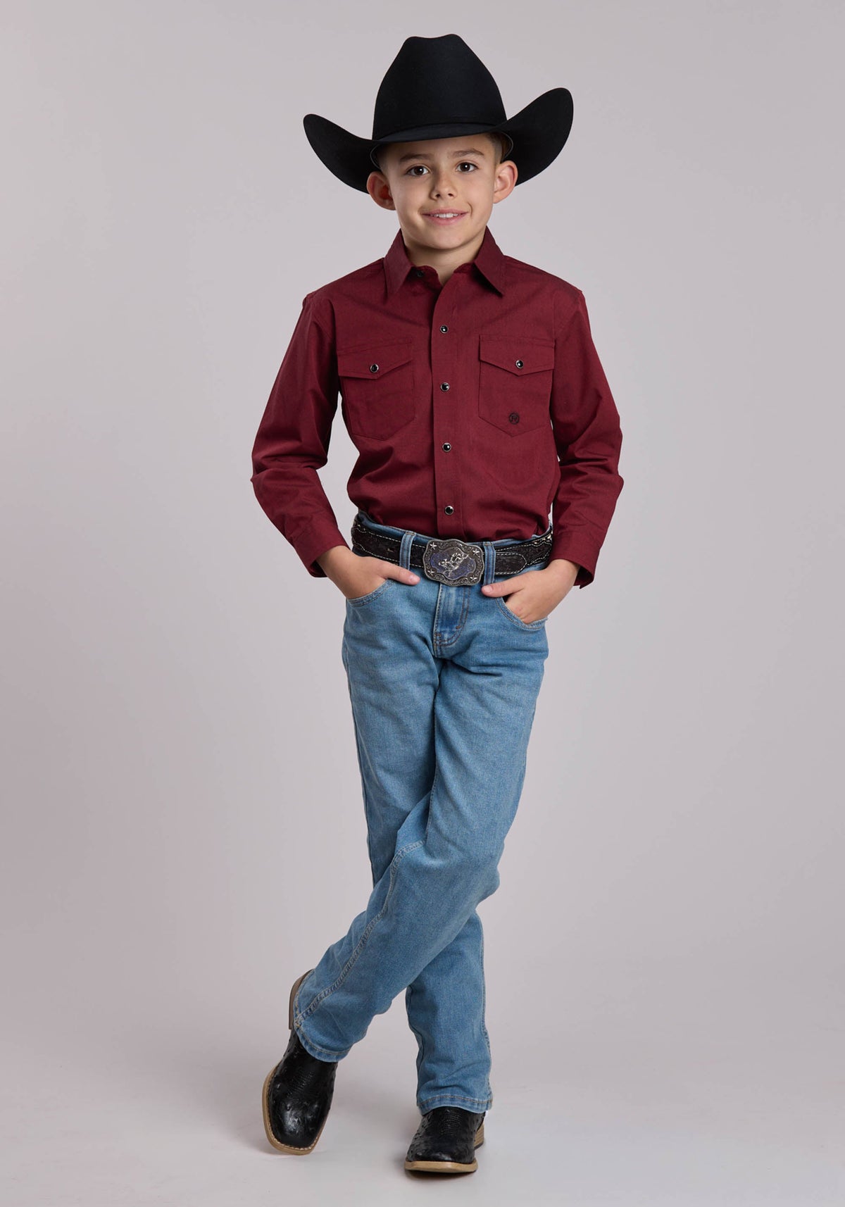 Boys Roper Solid Black Fill And Red Western Snap Shirt