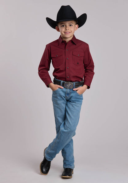 Boys Roper Solid Black Fill And Red Western Snap Shirt