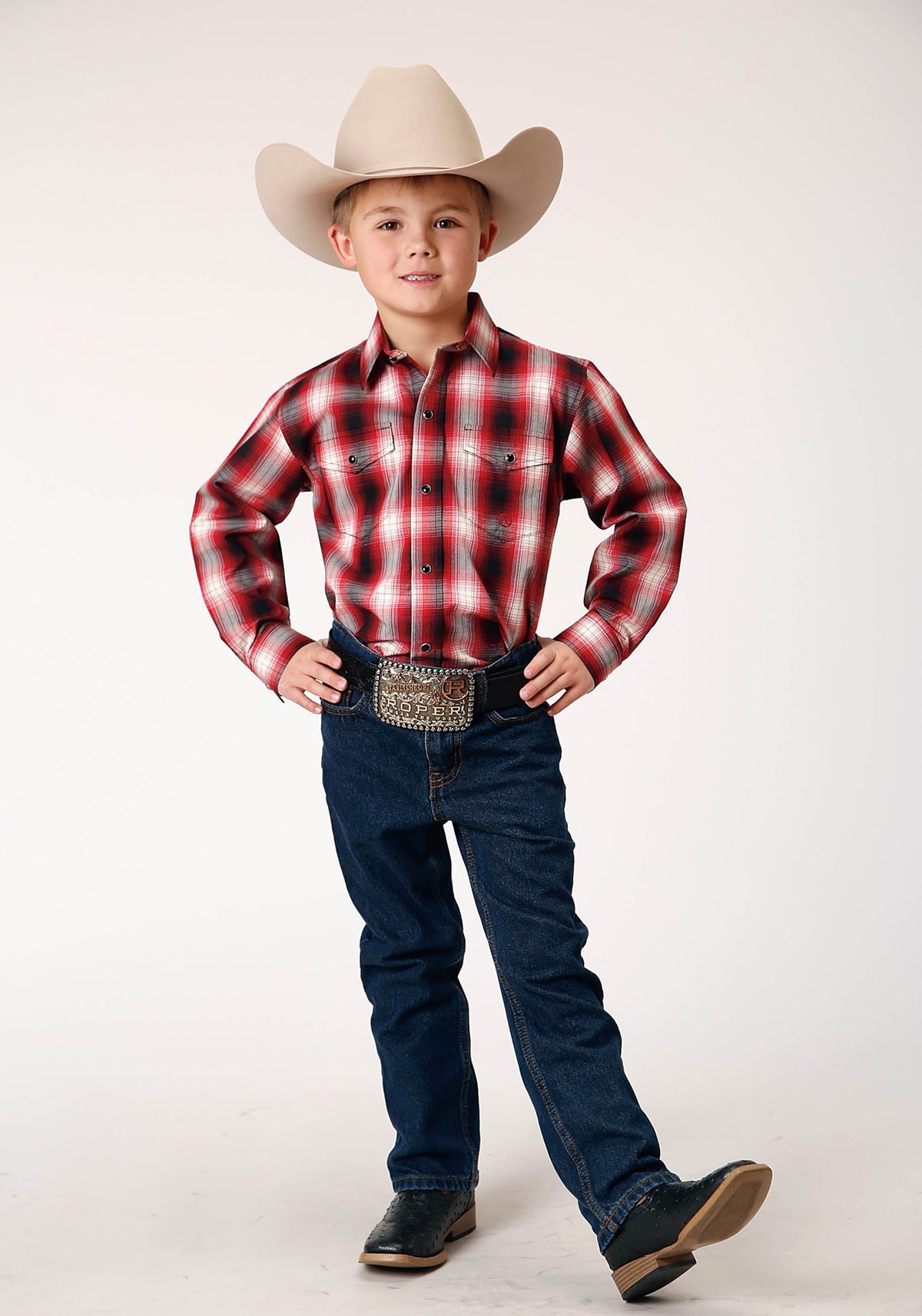 Boys Long Sleeve Snap Basic Red Plaid Western Shirt
