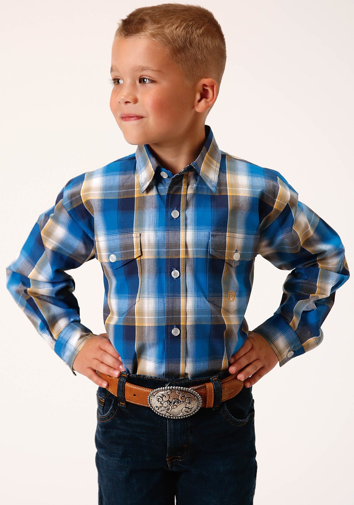 Boys Long Sleeve Snap Clear Sky Plaid Western Shirt