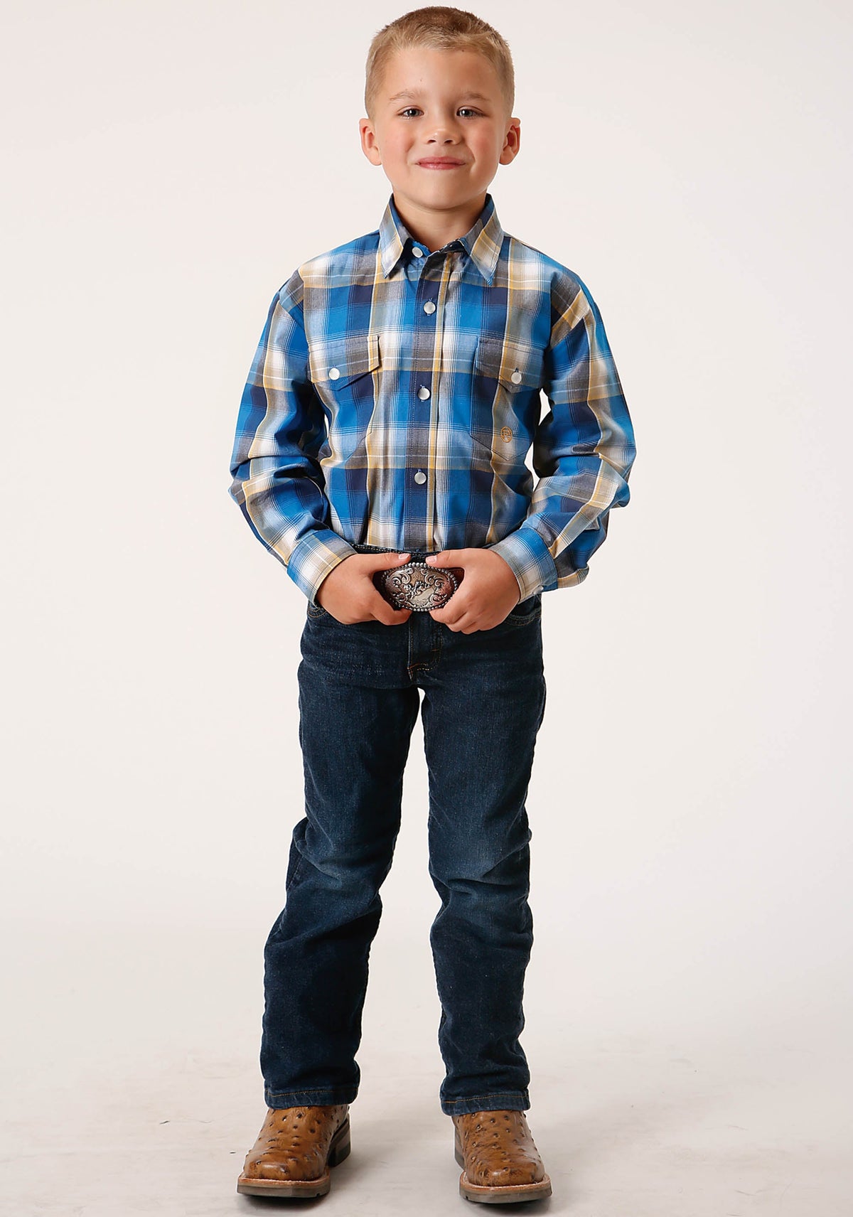 Boys Long Sleeve Snap Clear Sky Plaid Western Shirt