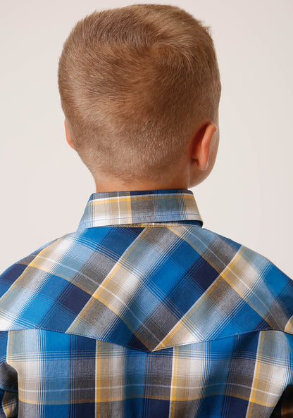Boys Long Sleeve Snap Clear Sky Plaid Western Shirt