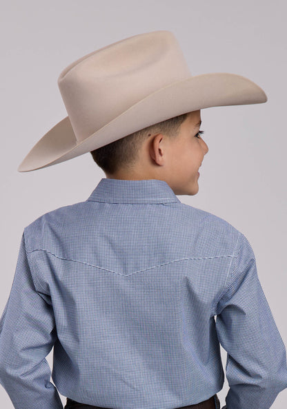 Boys Roper Stretch Minicheck Navy Long Sleeve Snap Shirt