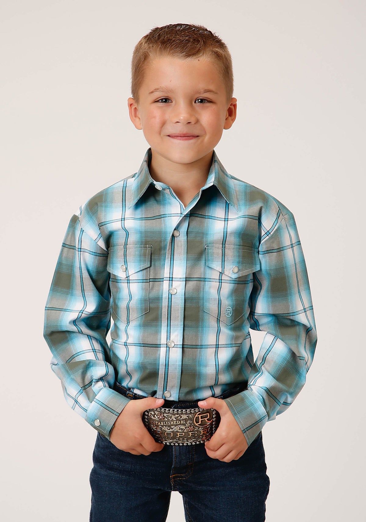 Boys Long Sleeve Snap Meadow Plaid Western Shirt