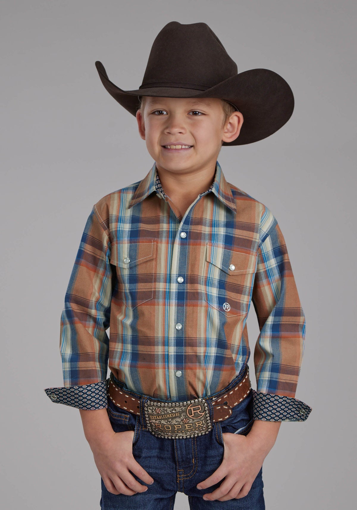 Boys Falling Leaves Plaid Long Sleeve Snap Western Shirt