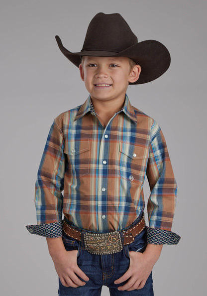 Boys Falling Leaves Plaid Long Sleeve Snap Western Shirt