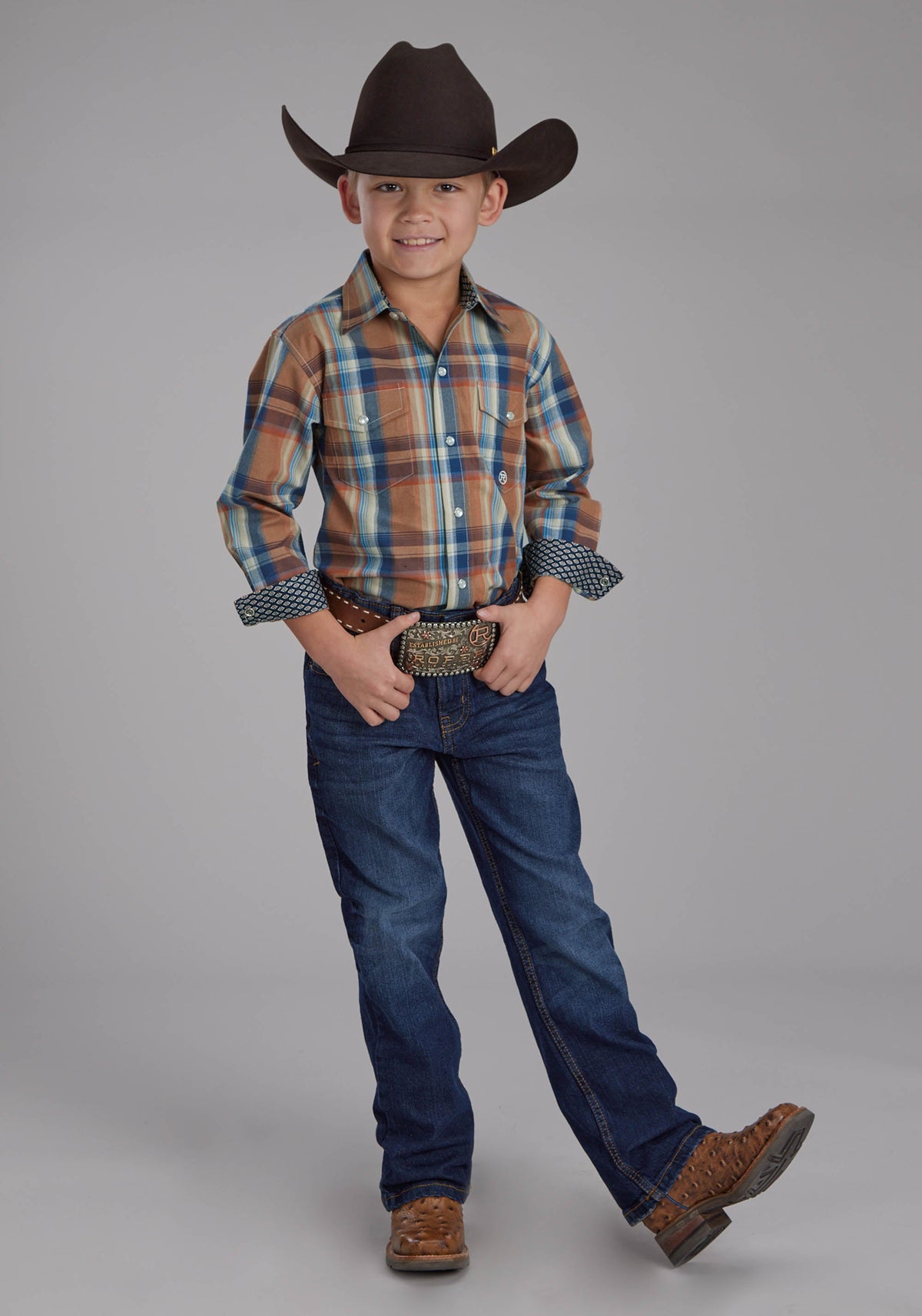 Boys Falling Leaves Plaid Long Sleeve Snap Western Shirt