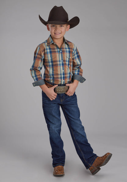 Boys Falling Leaves Plaid Long Sleeve Snap Western Shirt