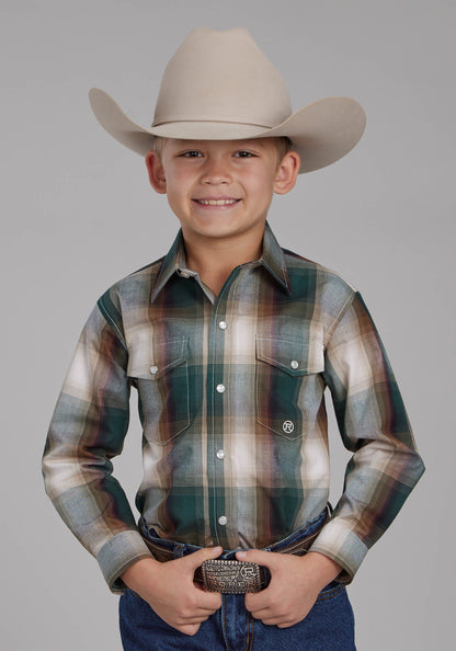 Boys Tall Tree Plaid Long Sleeve Snap Western Shirt