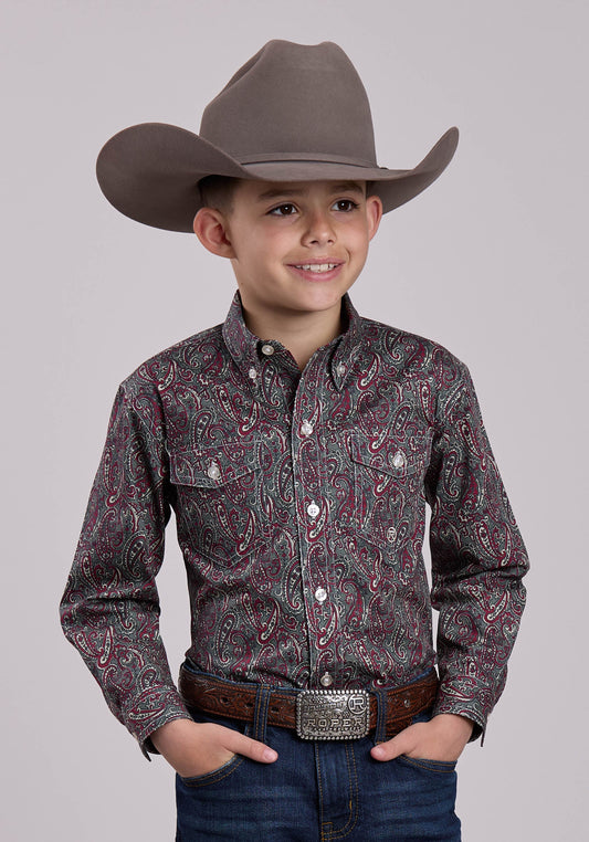 Boys Long Sleeve Button Iron Paisley Western Shirt