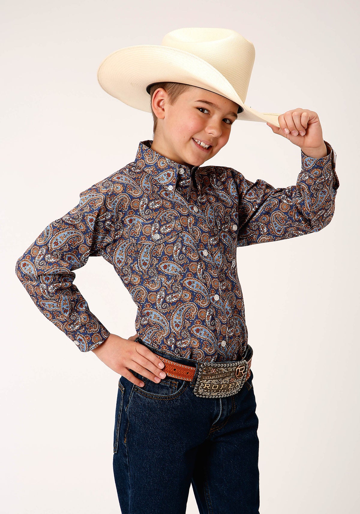 Boys Long Sleeve Button Country Paisley Western Shirt