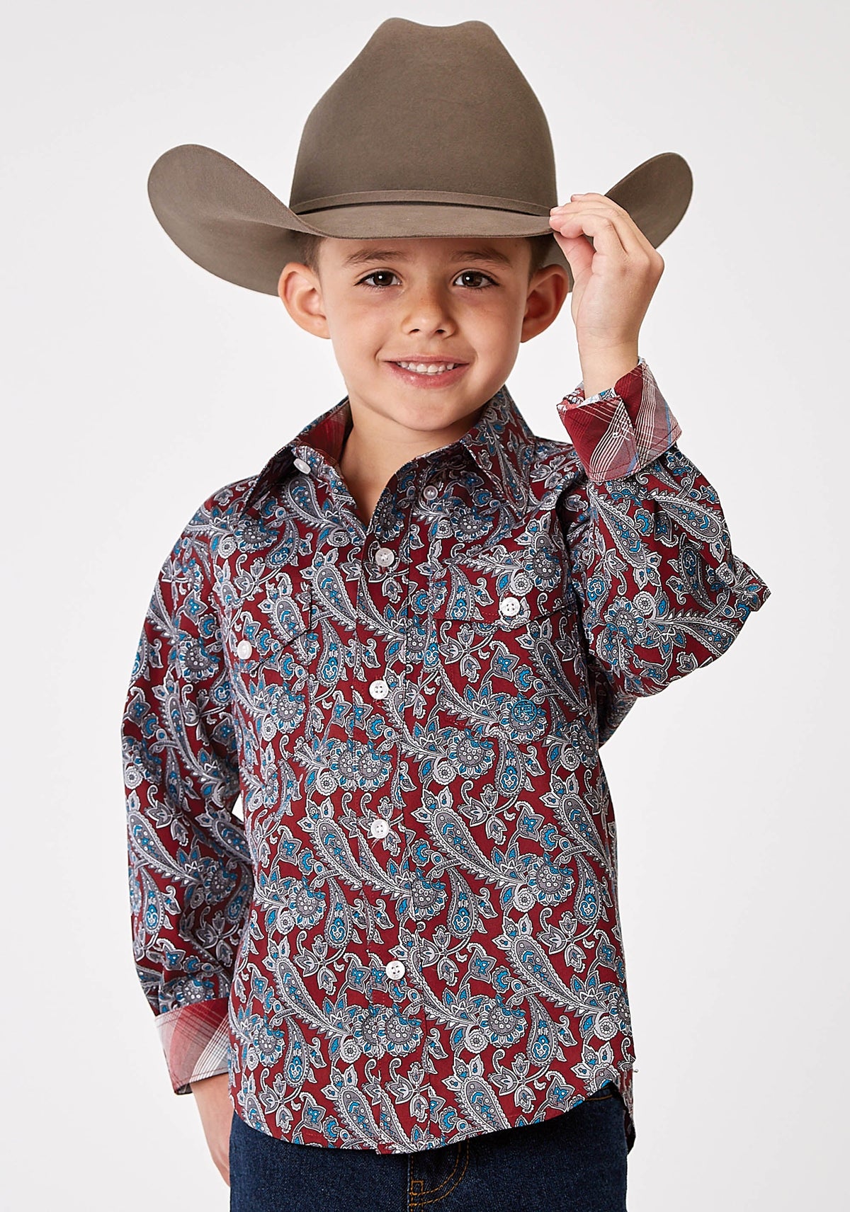 Boys Long Sleeve Button Red River Paisley Western Shirt