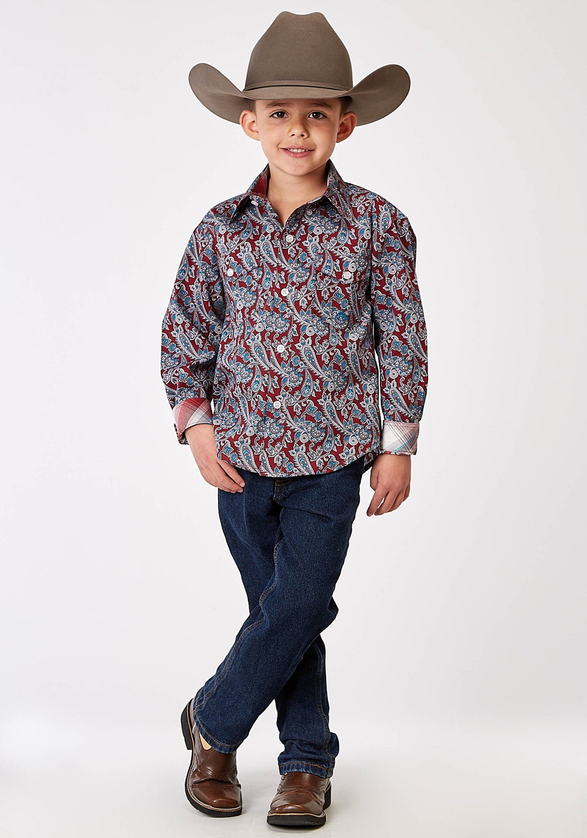 Boys Long Sleeve Button Red River Paisley Western Shirt