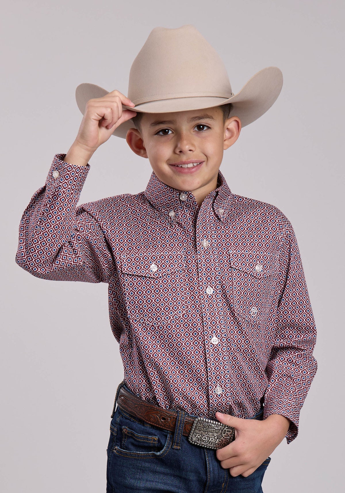 Boys Roper Red Tile Foulard Long Sleeve Button Shirt