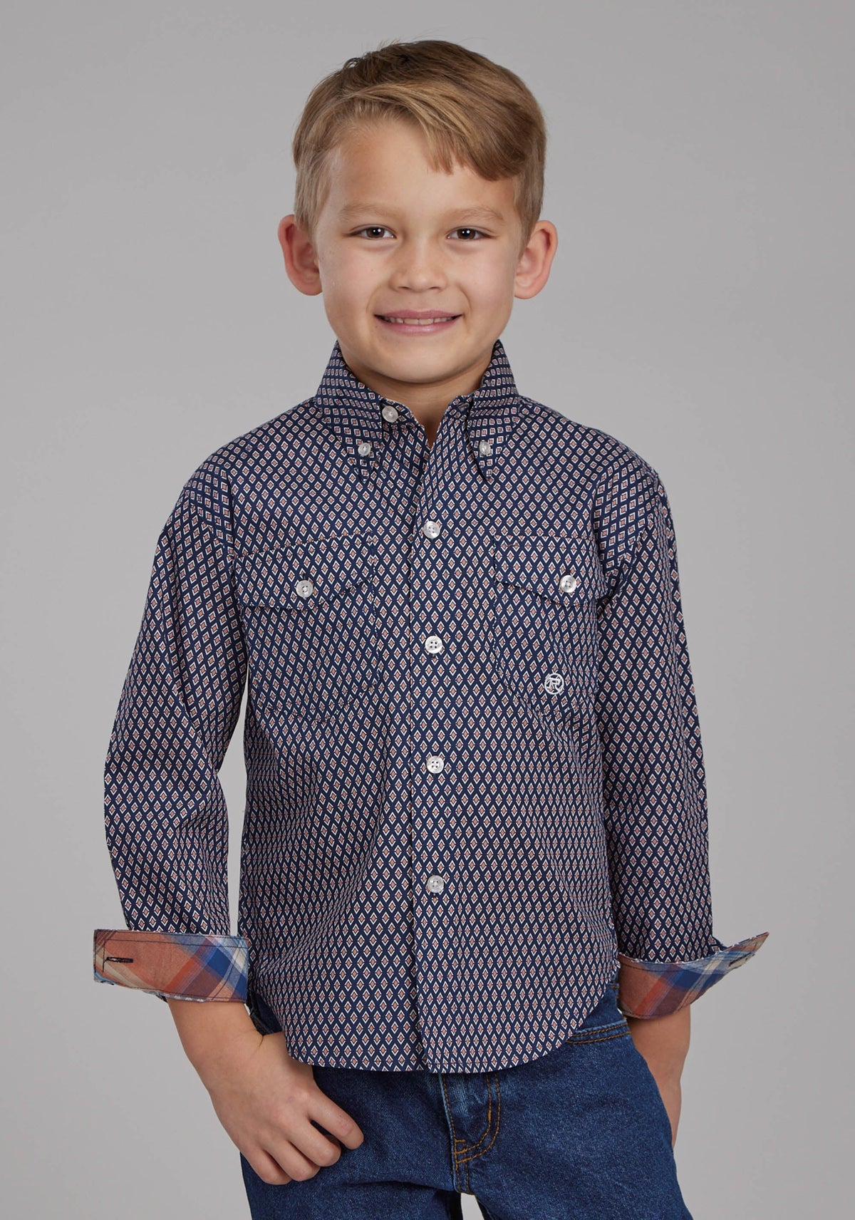 Boys Diamond Eye Geo Long Sleeve Button Western Shirt