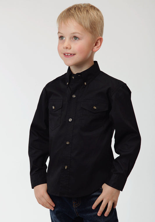 Boys Black Solid Long Sleeve Western Button Shirt