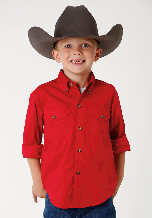 Boys Mens Red Solid Long Sleeve Western Button Shirt