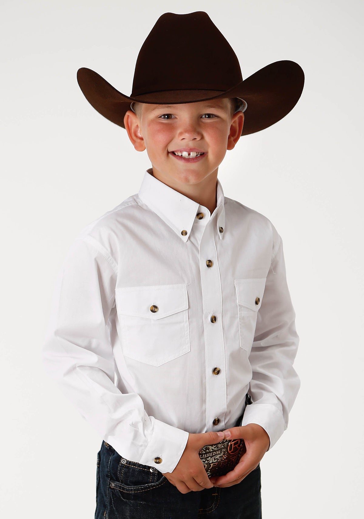 Boys White Solid Long Sleeve Western Button Shirt