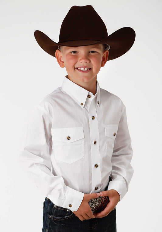 Boys White Solid Long Sleeve Western Button Shirt