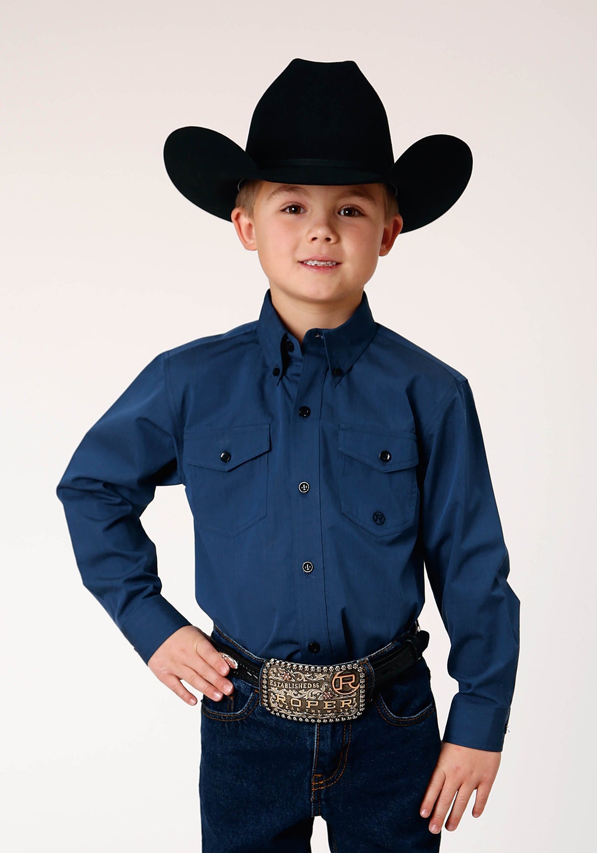 Boys Long Sleeve Button Black Fill Solid Blue Western Shirt