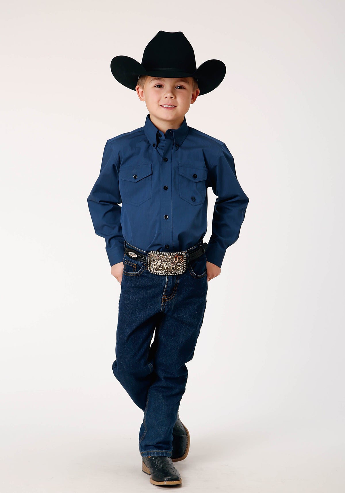 Boys Long Sleeve Button Black Fill Solid Blue Western Shirt