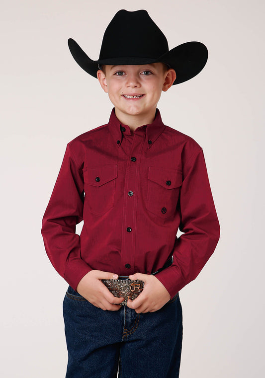 Boys Long Sleeve Button Black Fill  Solid Red Western Shirt