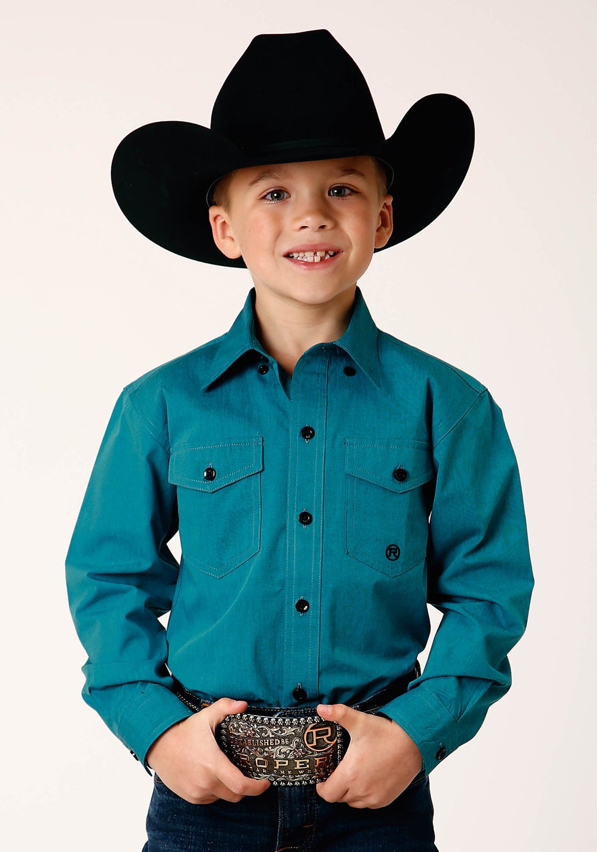 Boys Long Sleeve Button Black Fill Solid  Teal Western Shirt