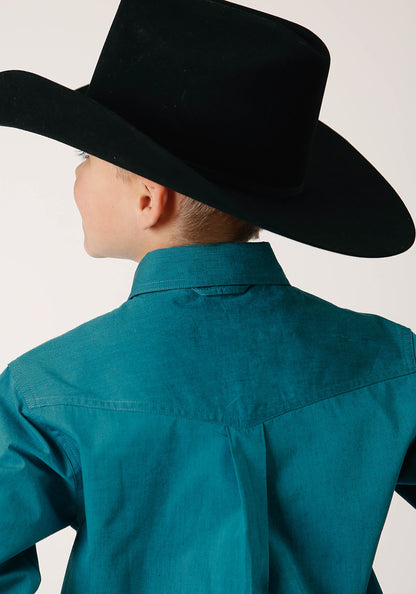 Boys Long Sleeve Button Black Fill Solid  Teal Western Shirt