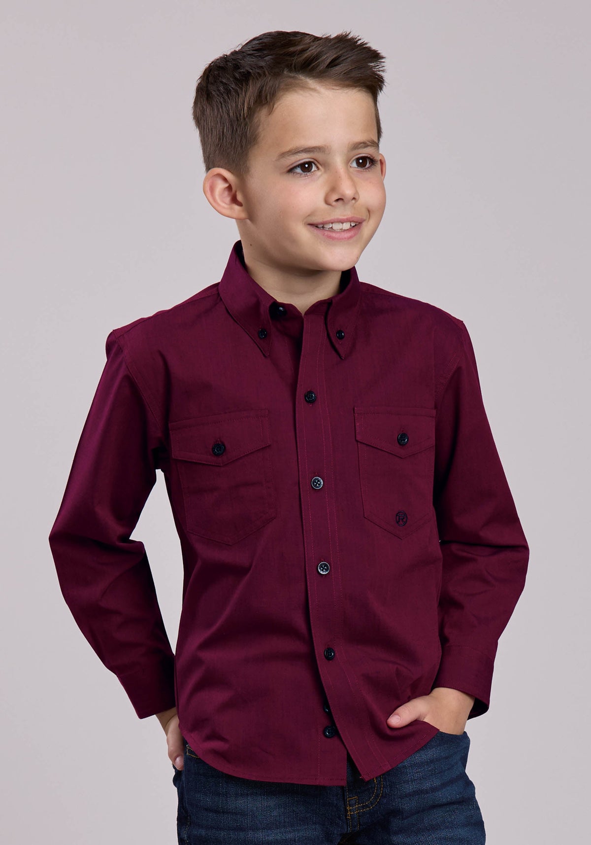 Boys Long Sleeve Button Black Fill - Wine Western Shirt