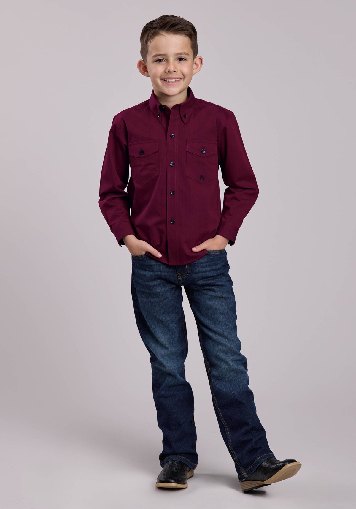 Boys Long Sleeve Button Black Fill - Wine Western Shirt