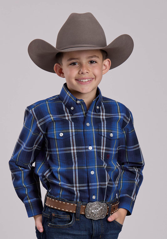 Boys Long Sleeve Button Midnight Plaid Western Shirt