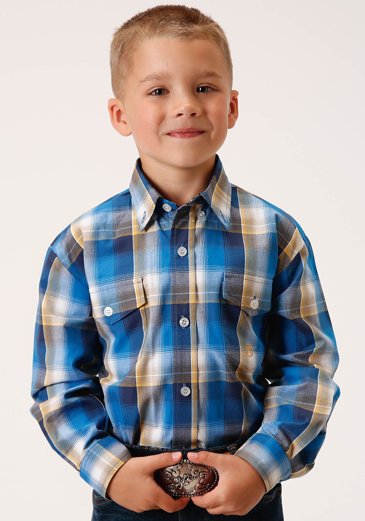 Boys Long Sleeve Button Clear Sky Plaid Western Shirt