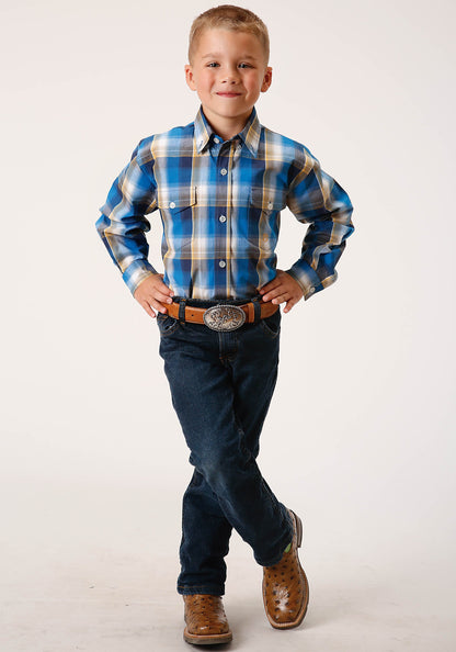 Boys Long Sleeve Button Clear Sky Plaid Western Shirt