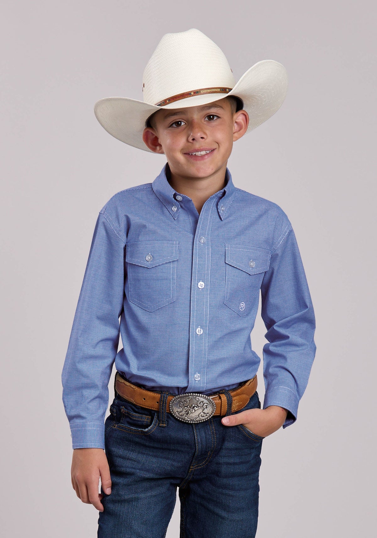 Boys Roper Stretch Mini Check Blue Long Sleeve Button Shirt