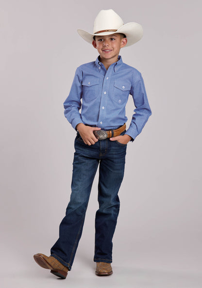 Boys Roper Stretch Mini Check Blue Long Sleeve Button Shirt