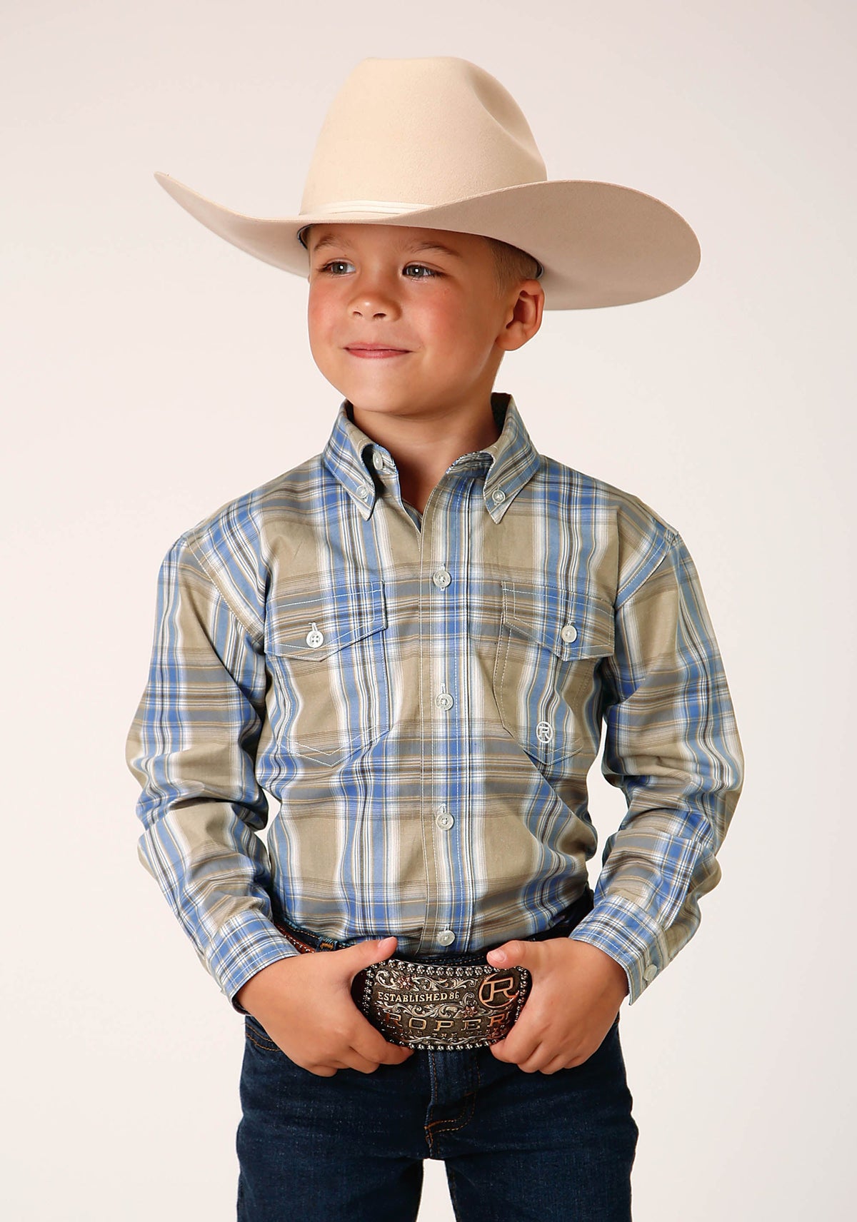 Boys Long Sleeve Button Sandy Plaid Western Shirt