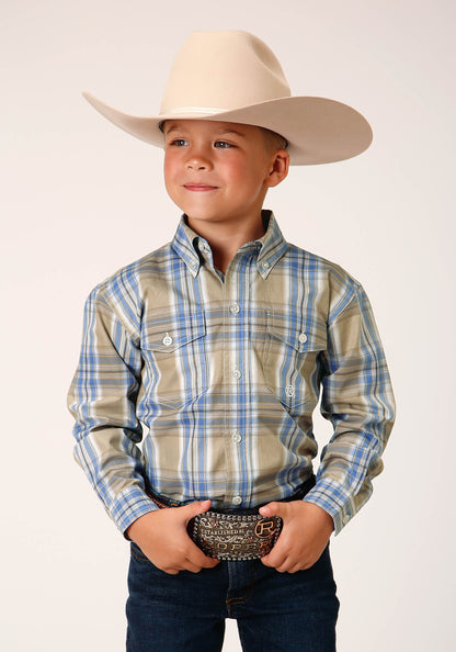 Boys Long Sleeve Button Sandy Plaid Western Shirt