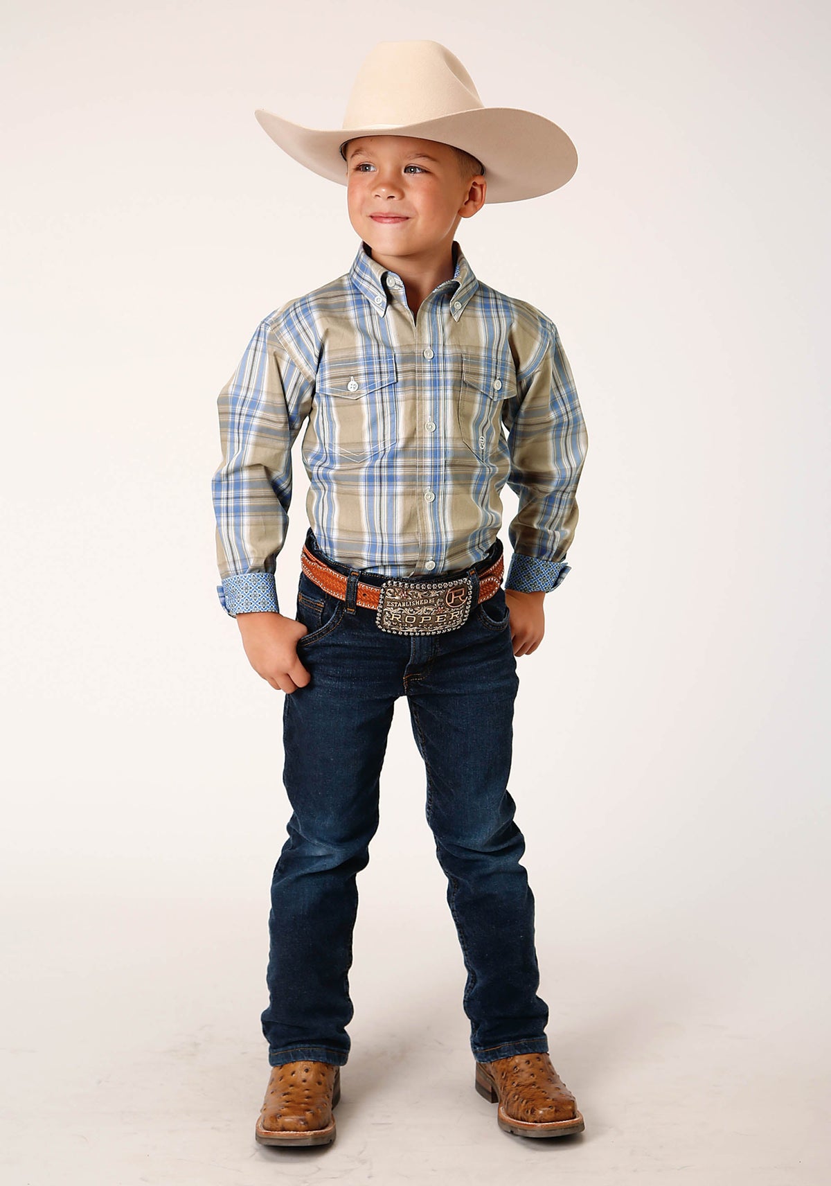 Boys Long Sleeve Button Sandy Plaid Western Shirt