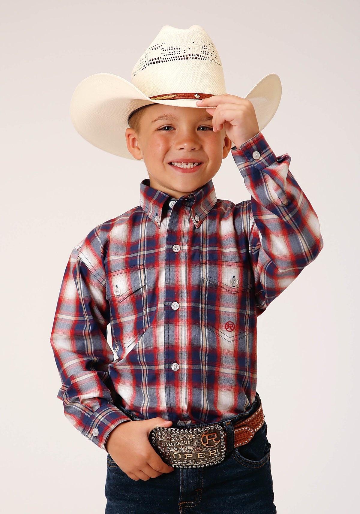 Boys Long Sleeve Button Independence Plaid Western Shirt