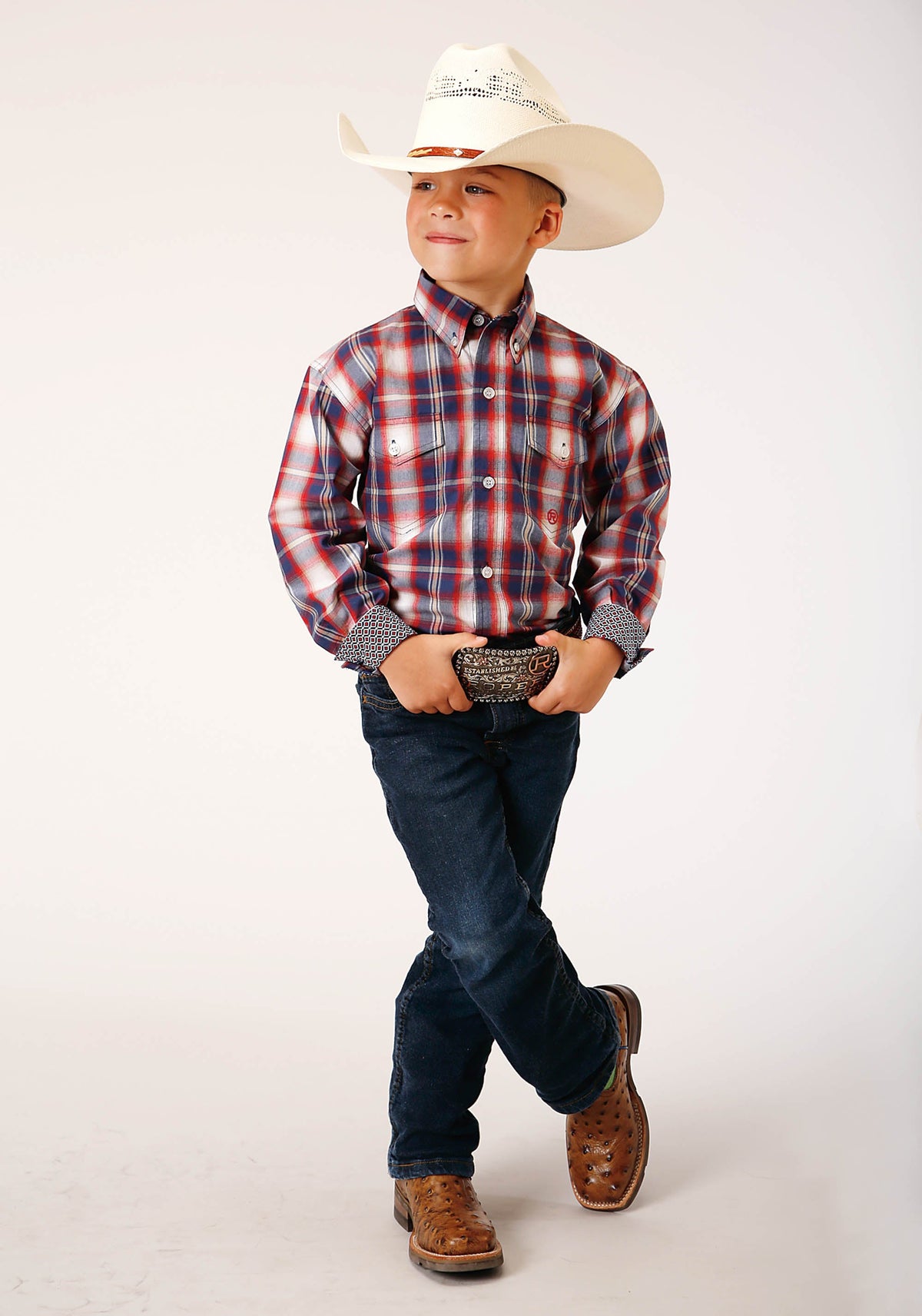 Boys Long Sleeve Button Independence Plaid Western Shirt