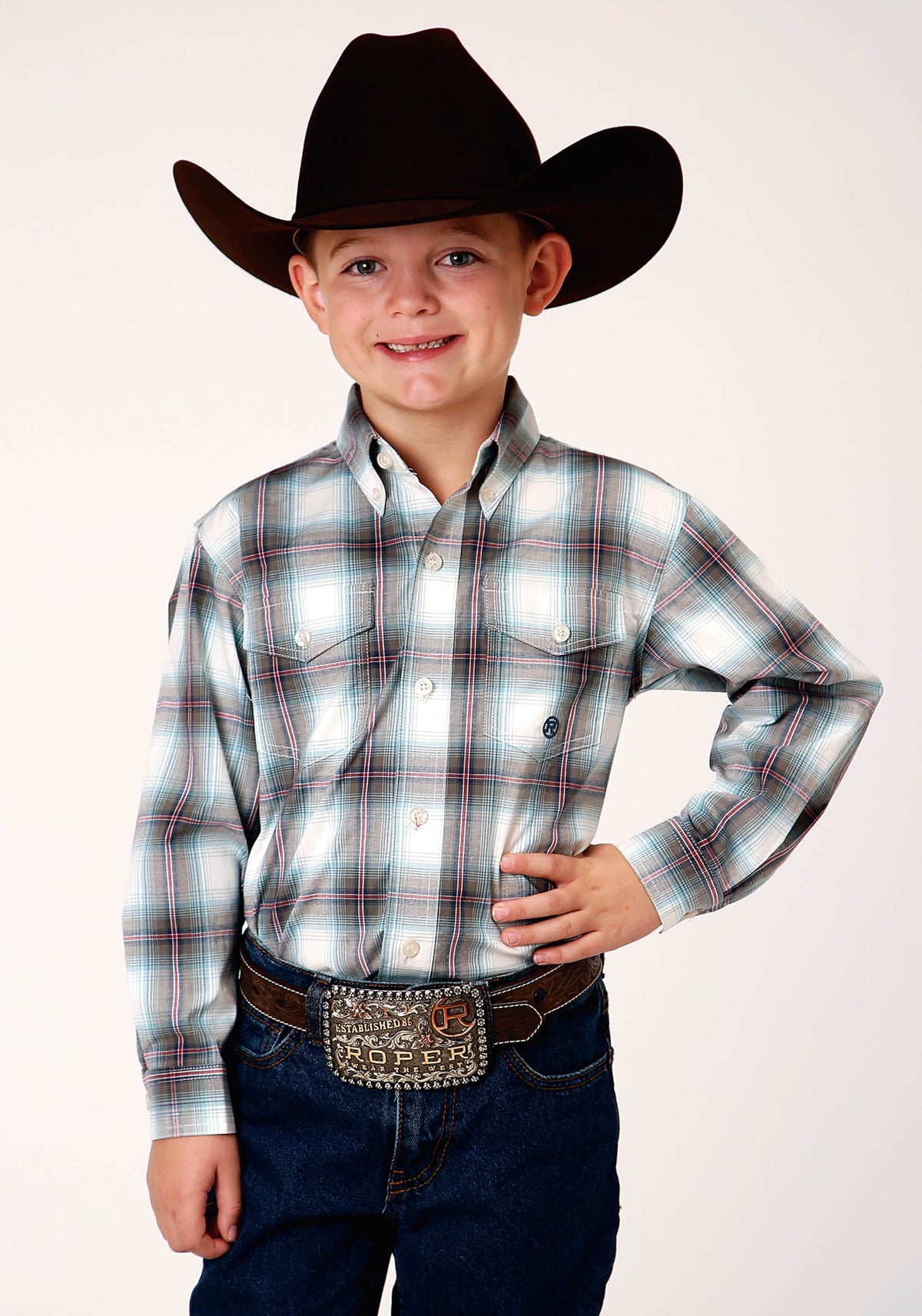 Boys Long Sleeve Button Olive Stretch Plaid Western Shirt