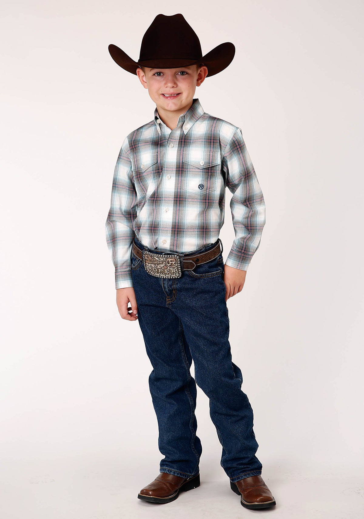 Boys Long Sleeve Button Olive Stretch Plaid Western Shirt