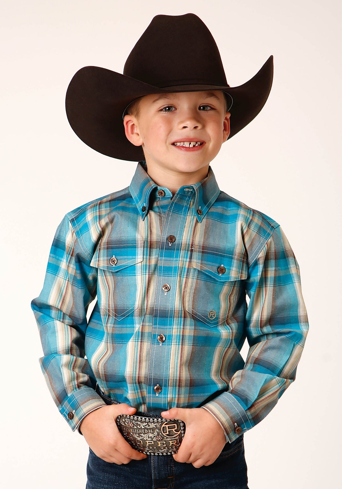 Boys Long Sleeve Button Sandy Turquoise Plaid Western Shirt