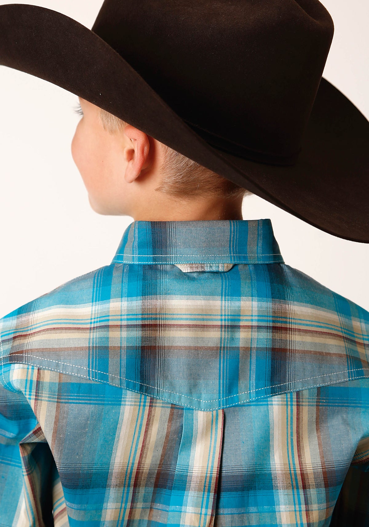 Boys Long Sleeve Button Sandy Turquoise Plaid Western Shirt